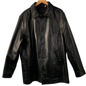 Mens Roundtree & Yorke Black Leather Button Jacket Collared Sz Large EUC 6621